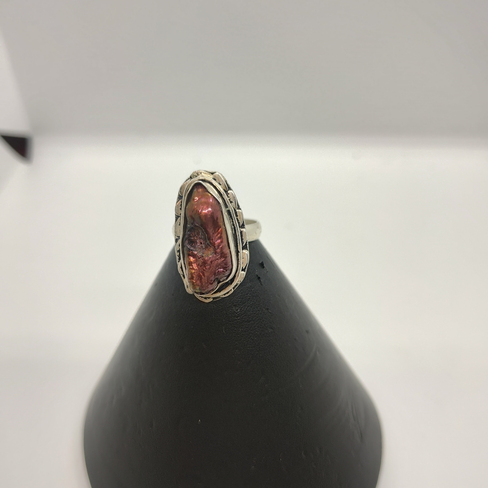Elegant Silver Plate and Rust Colored Biwa Pearl Ring